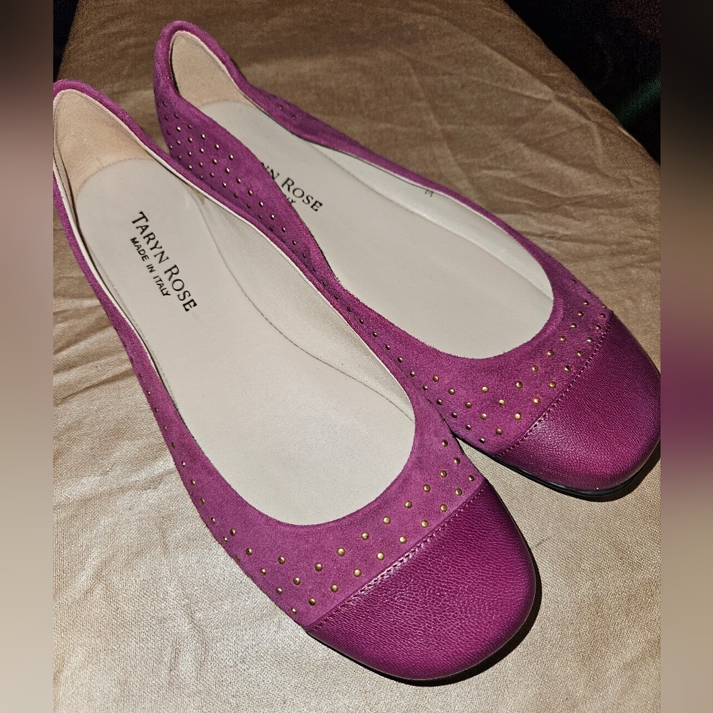 Taryn Rose purple leather & suede studded flats. Made in Italy.